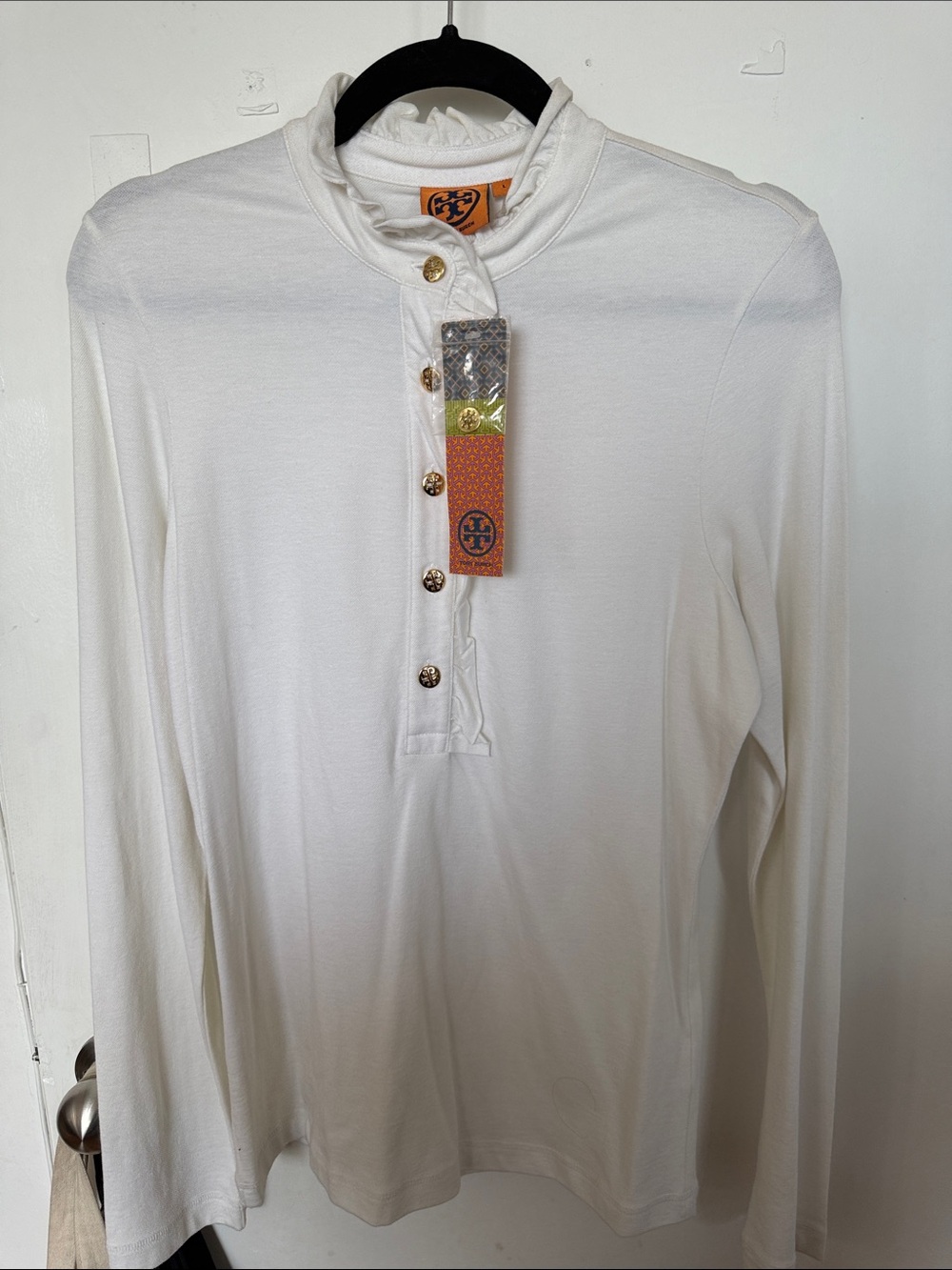 Tory Burch White Long-Sleeve Henley with Logo Buttons